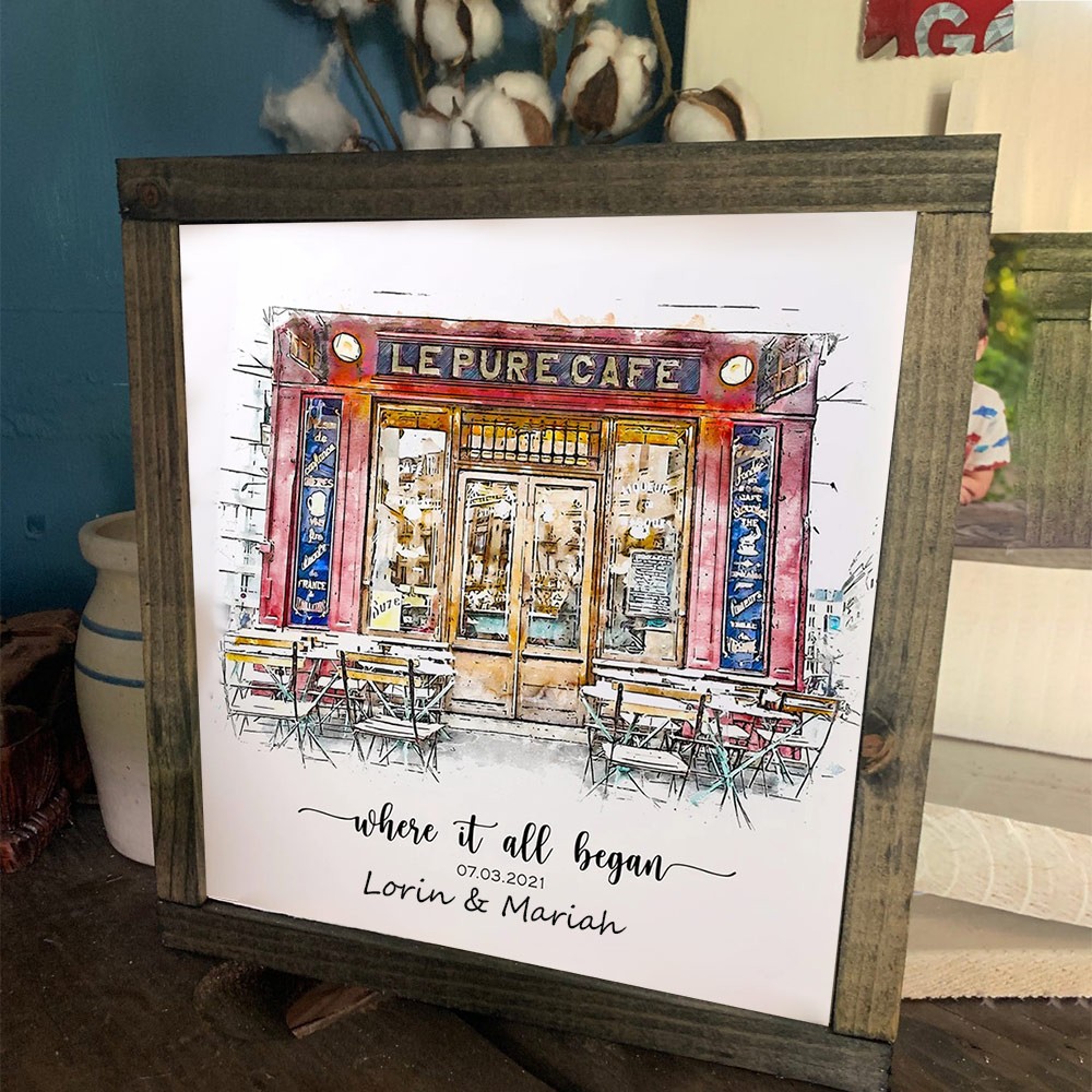 Portrait à la Main en Aquarelle de Maison Personnalisé d'après Photo Où Tout a Commencé Cadeau Saint-Valentin Anniversaire