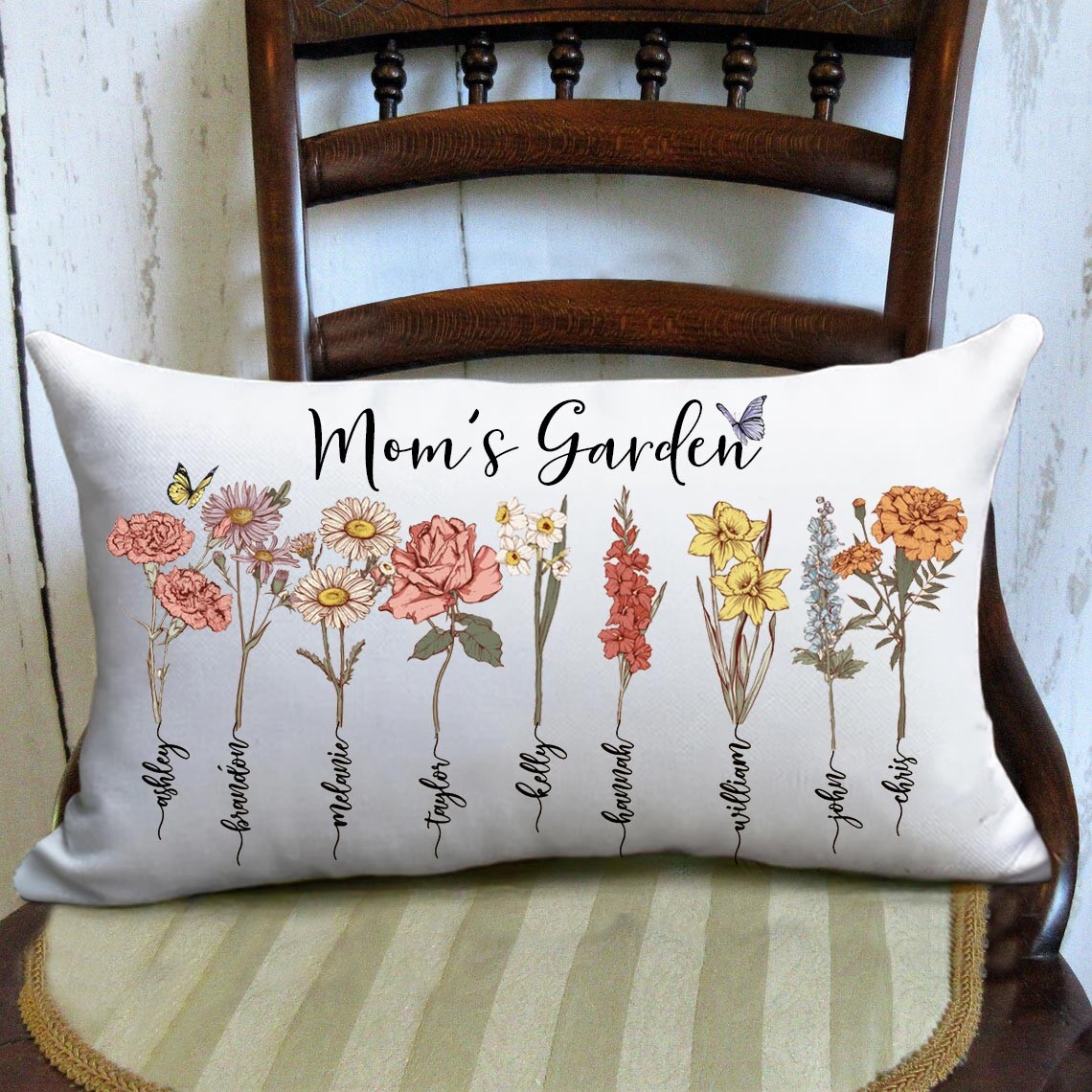 Oreiller personnalisé de fleur de naissance de jardin de maman avec le nom d'enfants pour des idées de cadeaux de Noël