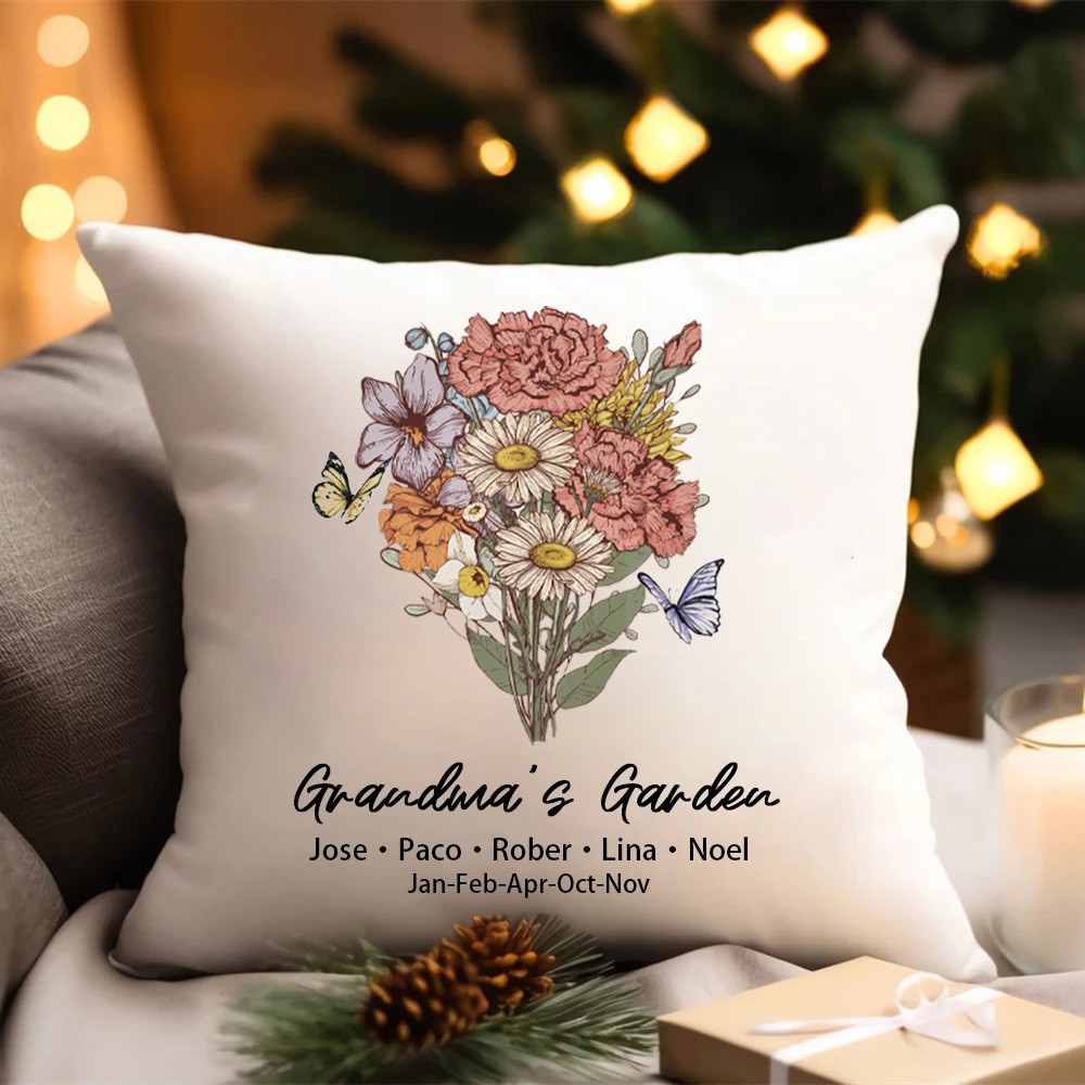 Oreiller personnalisé de bouquet de fleurs de naissance de jardin de grand-mère avec le nom de petits-enfants pour des idées de cadeaux de famille de Noël