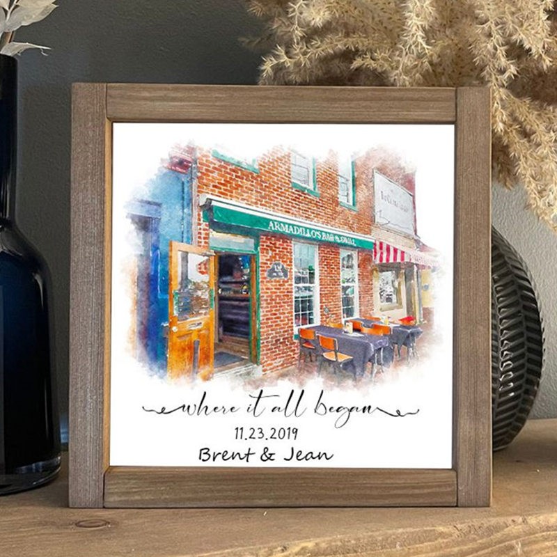 Là où tout a commencé Portrait personnalisé peint à la main à l'aquarelle à partir d'une photo pour la Saint-Valentin ou un anniversaire