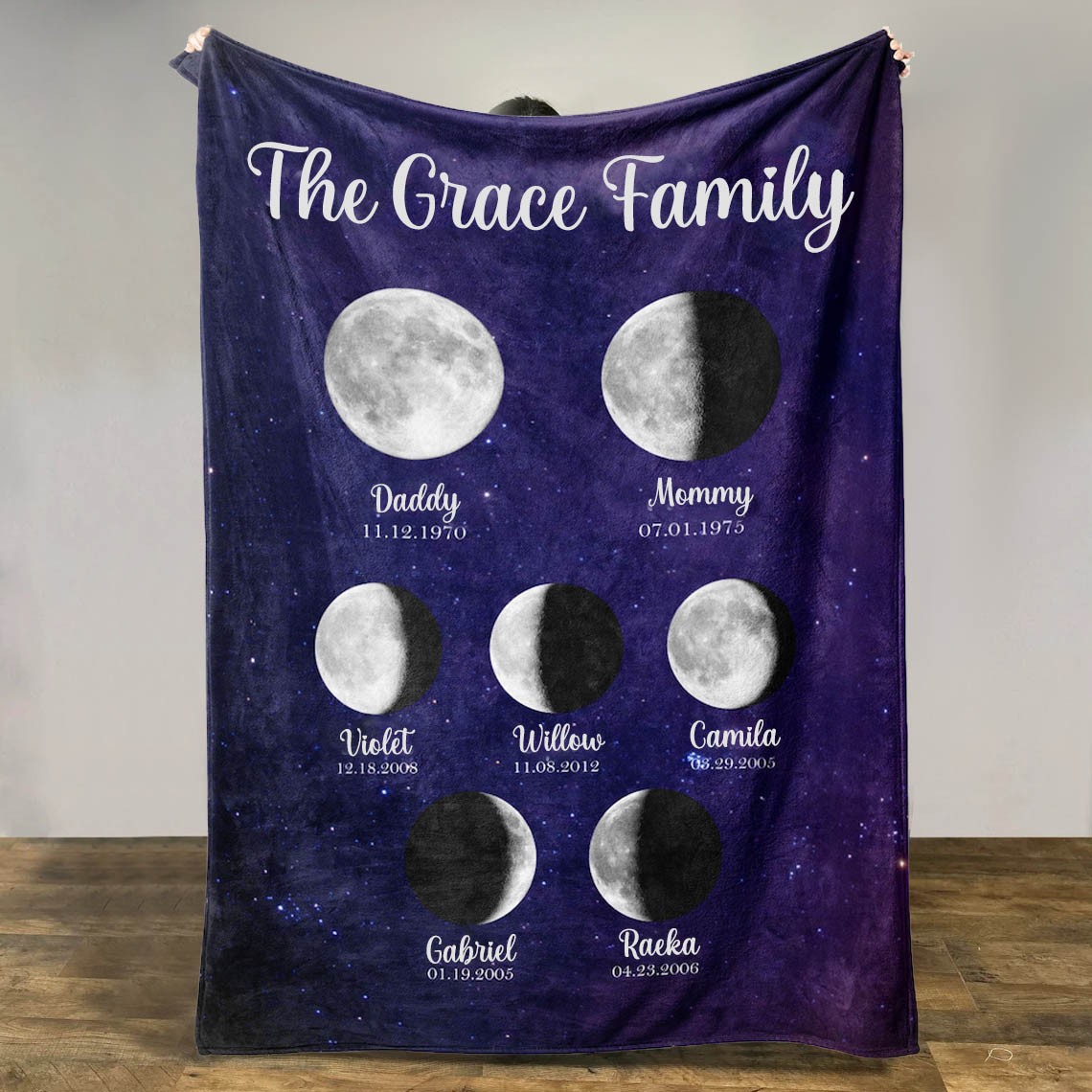 Couverture personnalisée de phase de lune familiale pour cadeau de Noël