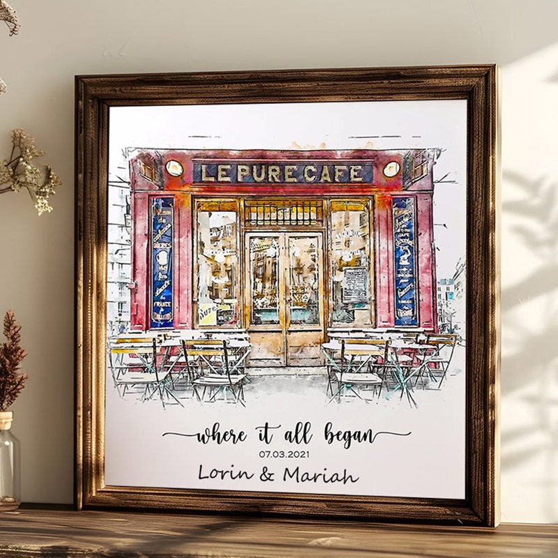 Portrait à la Main en Aquarelle de Maison Personnalisé d'après Photo Où Tout a Commencé Cadeau Saint-Valentin Anniversaire