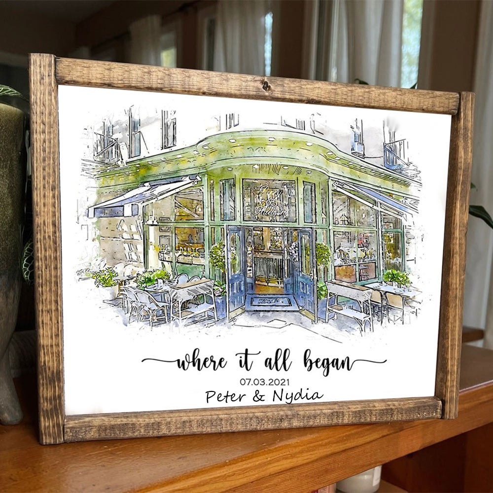 Portrait à la Main en Aquarelle de Maison Personnalisé d'après Photo Où Tout a Commencé Cadeau Saint-Valentin Anniversaire