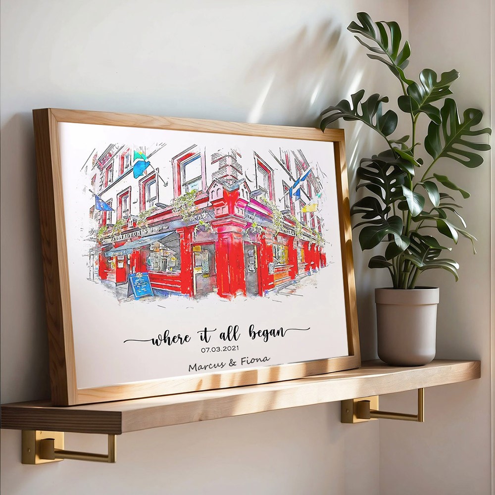 Portrait à la Main en Aquarelle de Maison Personnalisé d'après Photo Où Tout a Commencé Cadeau Saint-Valentin Anniversaire