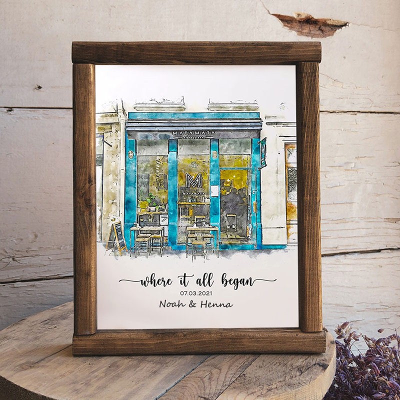 Portrait à la Main en Aquarelle de Maison Personnalisé d'après Photo Où Tout a Commencé Cadeau Saint-Valentin Anniversaire