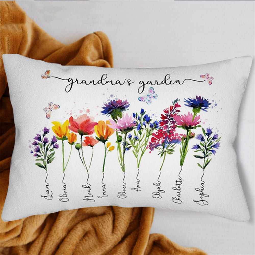 Oreiller personnalisé de fleur de naissance de jardin de grand-mère avec le nom de petits-enfants pour des idées de cadeaux de famille de Noël