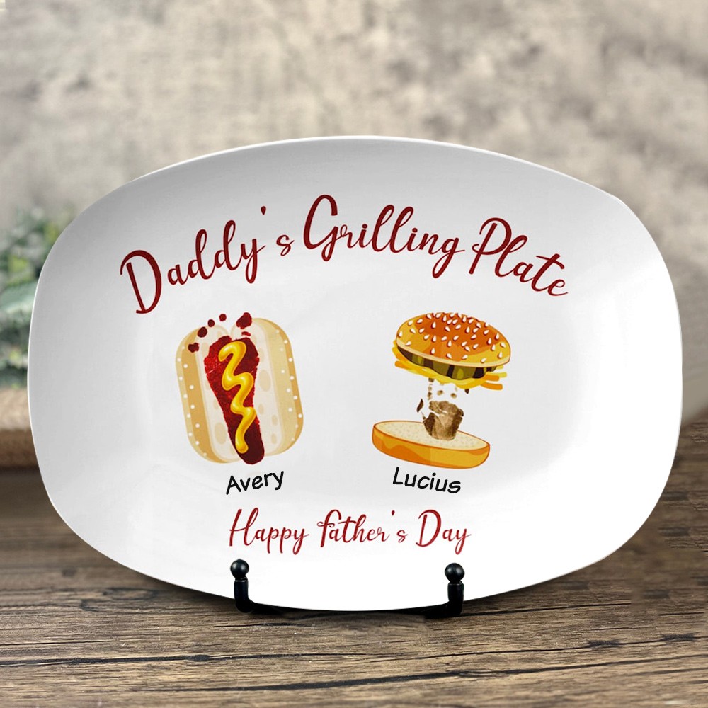 Assiette d'empreinte de main de hot-dog de hamburger personnalisée avec nom pour la fête des pères
