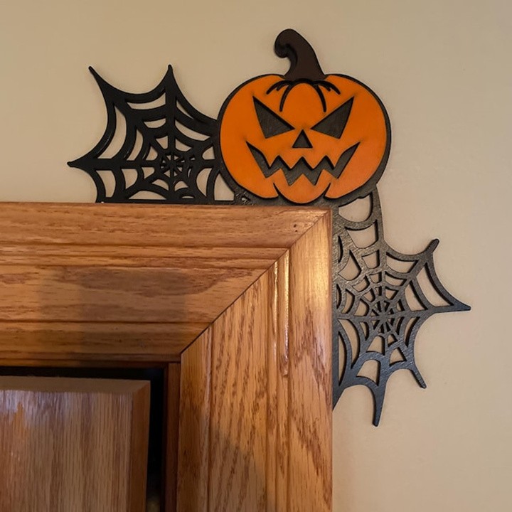 Panneau d'angle de porte en bois avec citrouille d'Halloween amusant, décoration d'intérieur