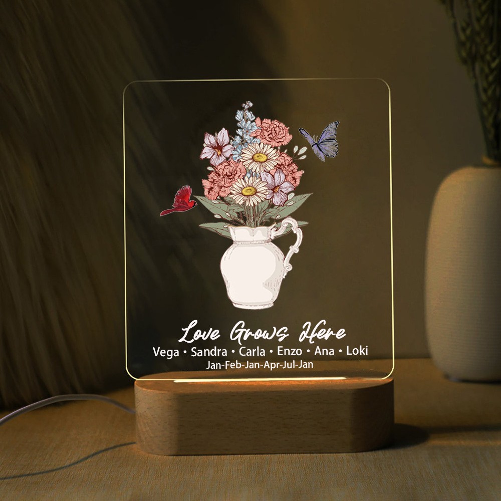 Bouquet de fleurs de naissance personnalisé Acrylique Led veilleuse pour maman grand-mère cadeau de Noël