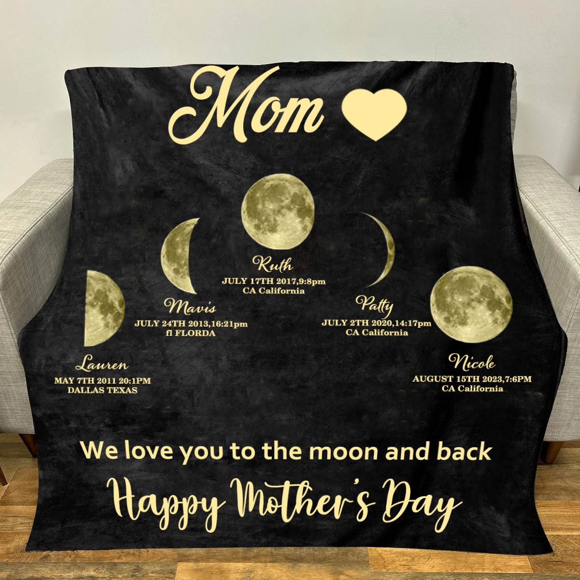 Couverture personnalisée de phase de lune familiale pour le cadeau de la fête des mères