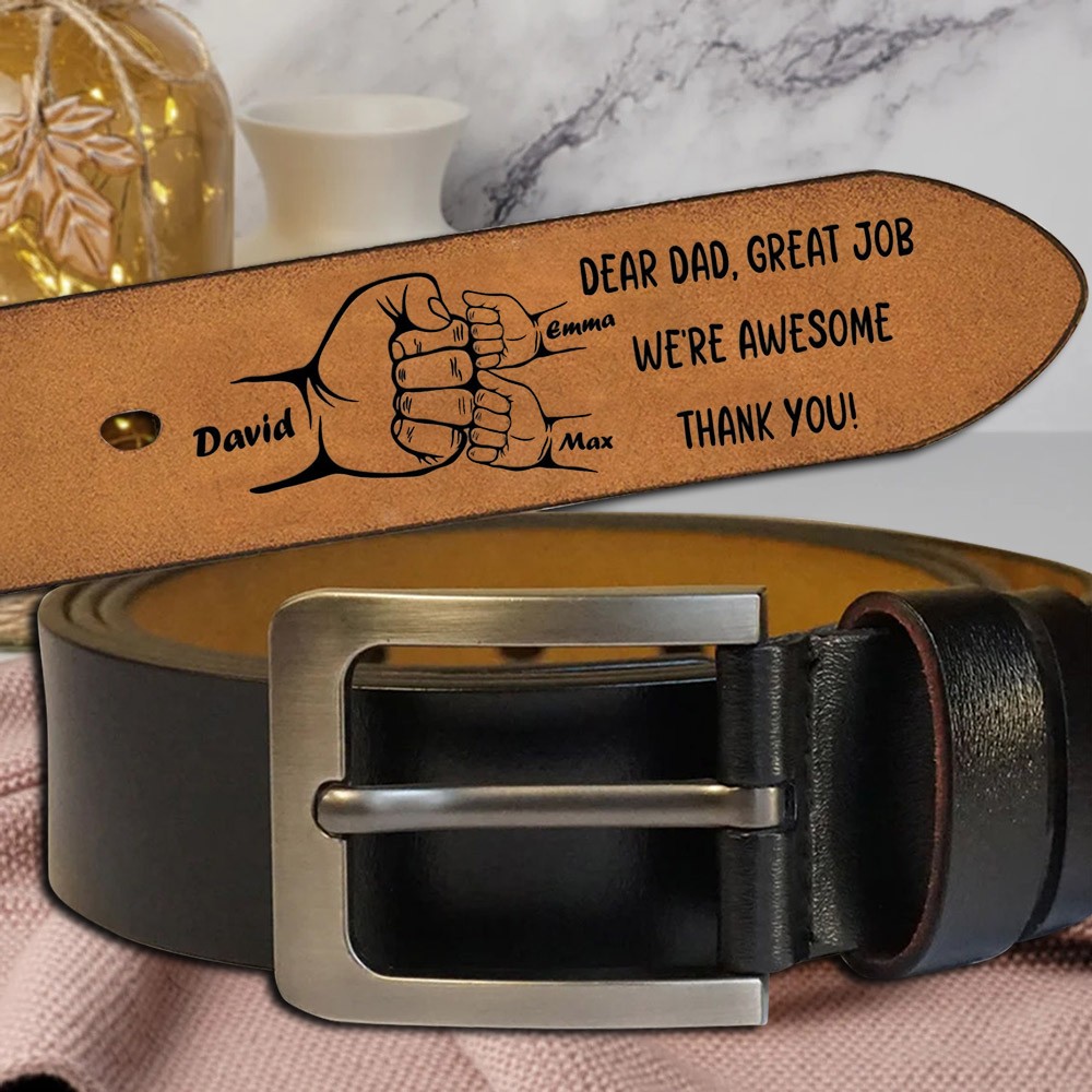 Ceinture en cuir gravée personnalisée avec fist bump pour cadeau de fête des pères