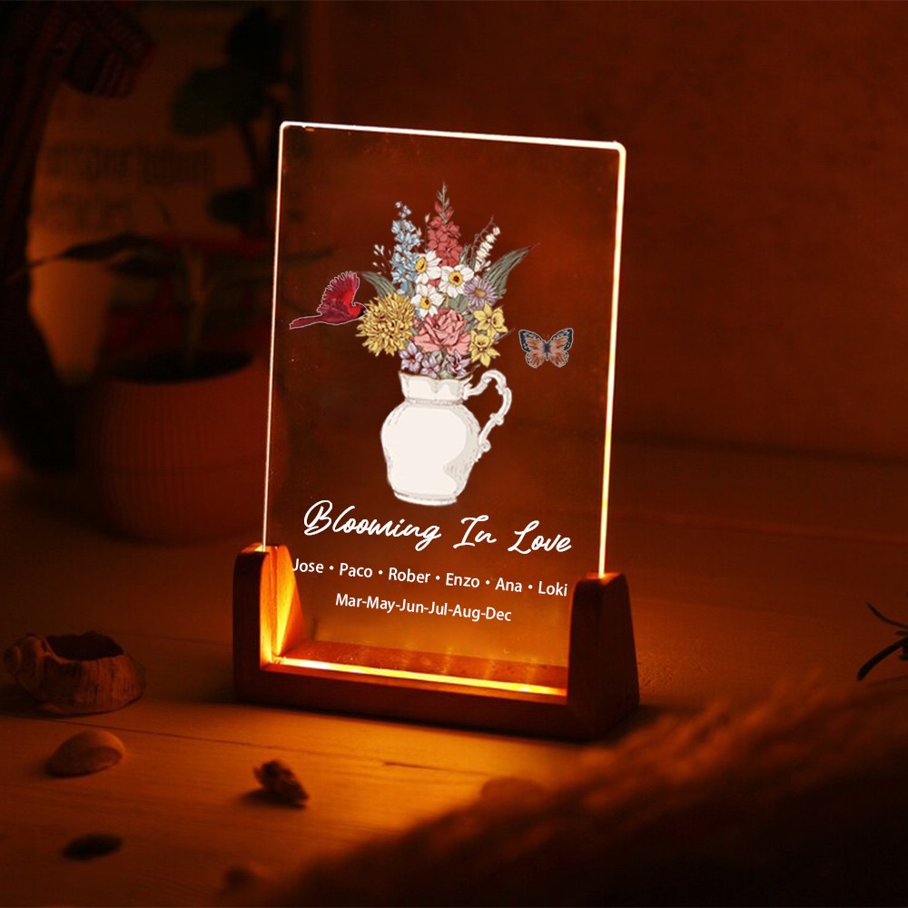 Bouquet de fleurs de naissance personnalisé Acrylique Led veilleuse pour maman grand-mère cadeau de Noël