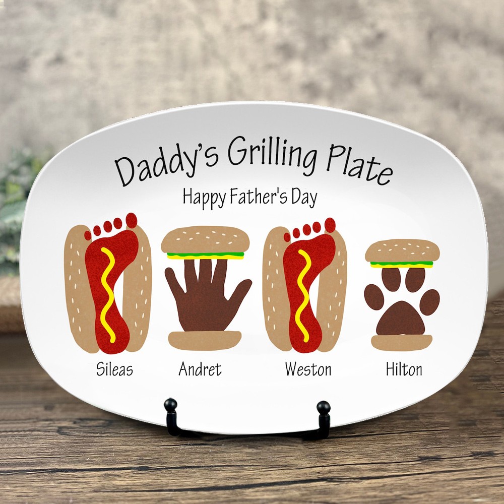 Assiette d'empreinte de main de hot-dog de hamburger personnalisée avec nom pour la fête des pères