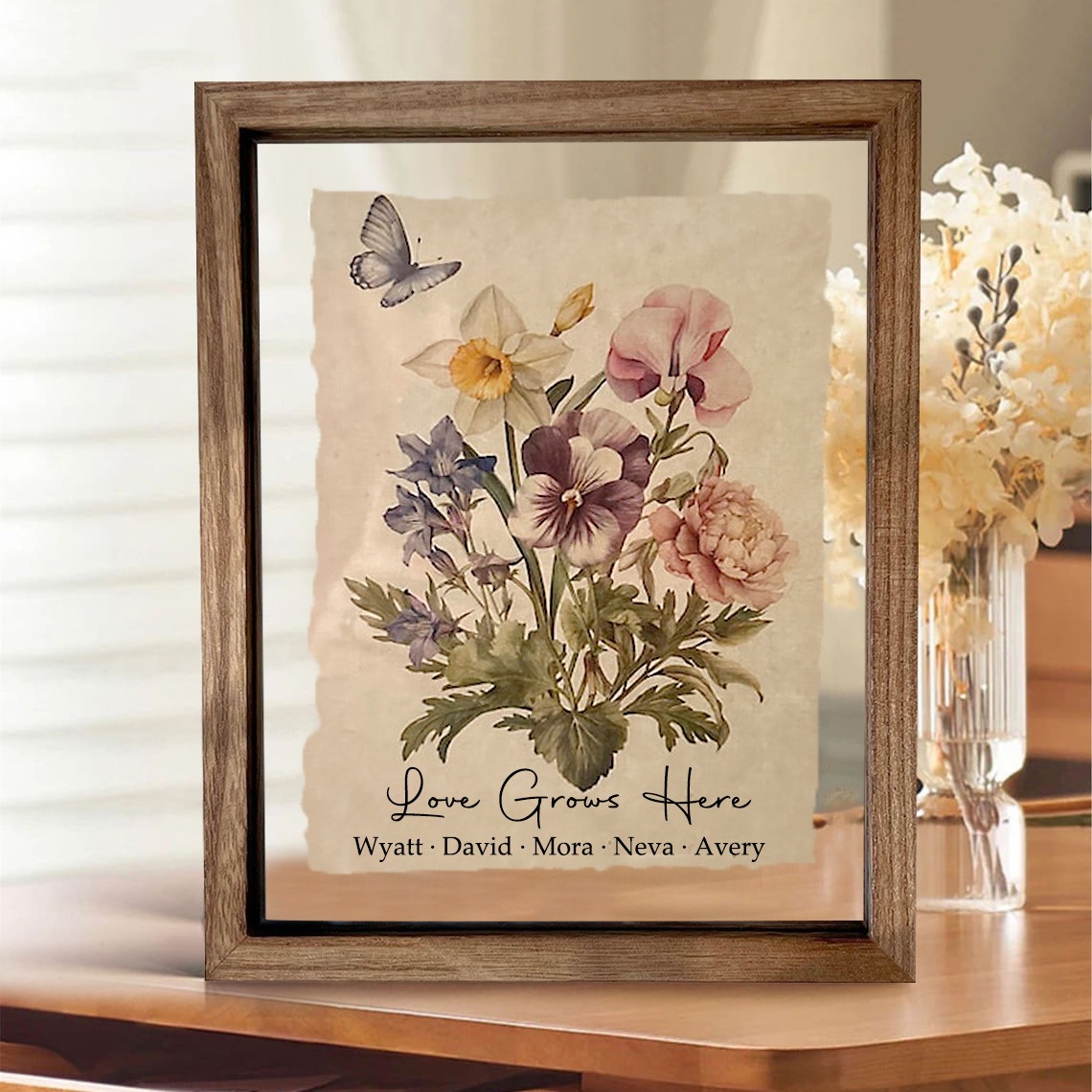 Bouquet de fleurs de naissance personnalisé pour grand-mère, cadre de famille, art antique pour la maison pour cadeau de Noël pour maman et grand-mère