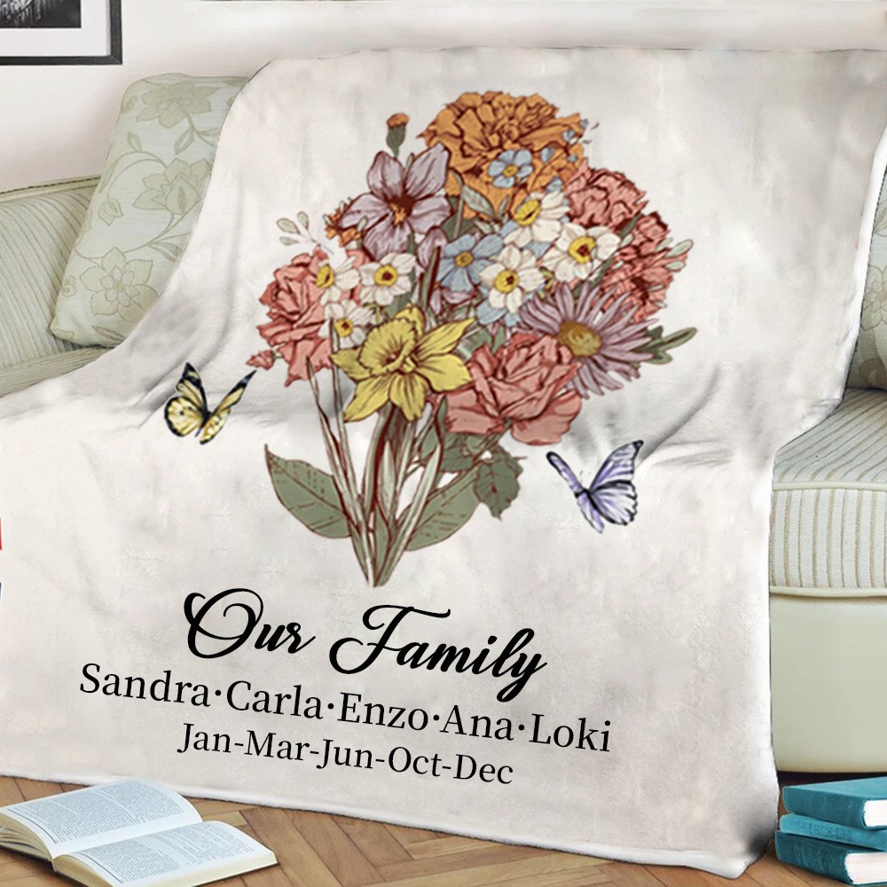 Couverture personnalisée de bouquet de fleurs de naissance avec des noms d'enfants pour des idées de cadeaux de famille de Noël