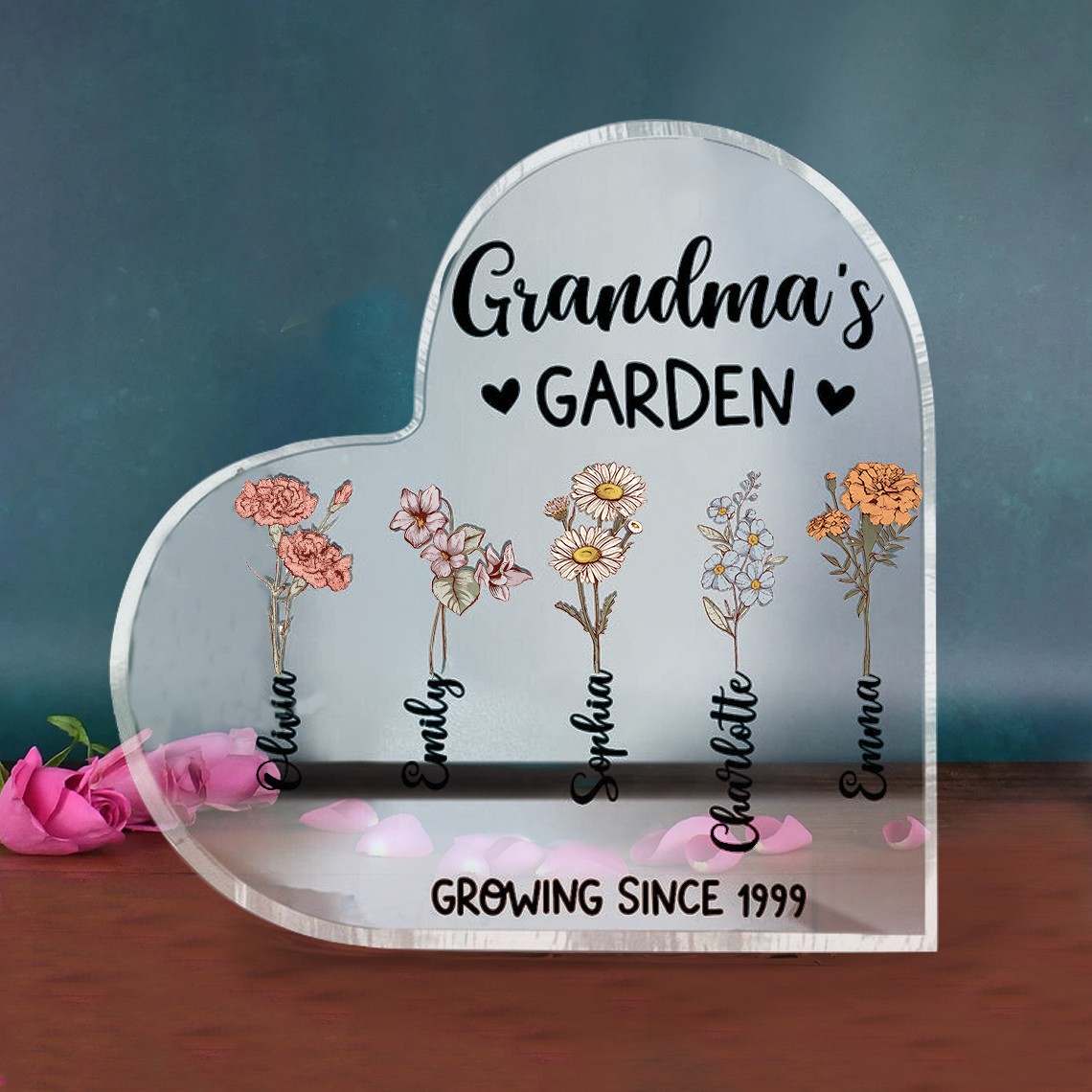 Plaque acrylique personnalisée de coeur de fleur de naissance de jardin de grand-mère pour des cadeaux de famille de Noël