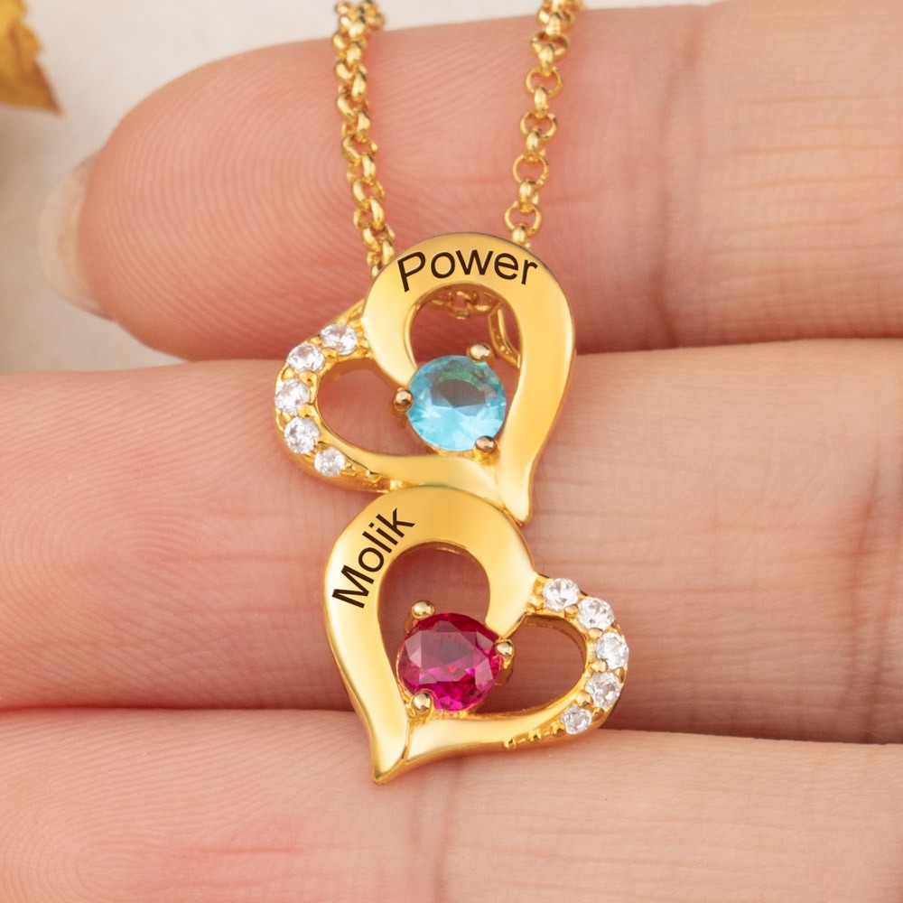 Pierre de naissance d'amant personnalisée Collier assorti avec 2 pendentifs en forme de cœur, cadeaux pour elle
