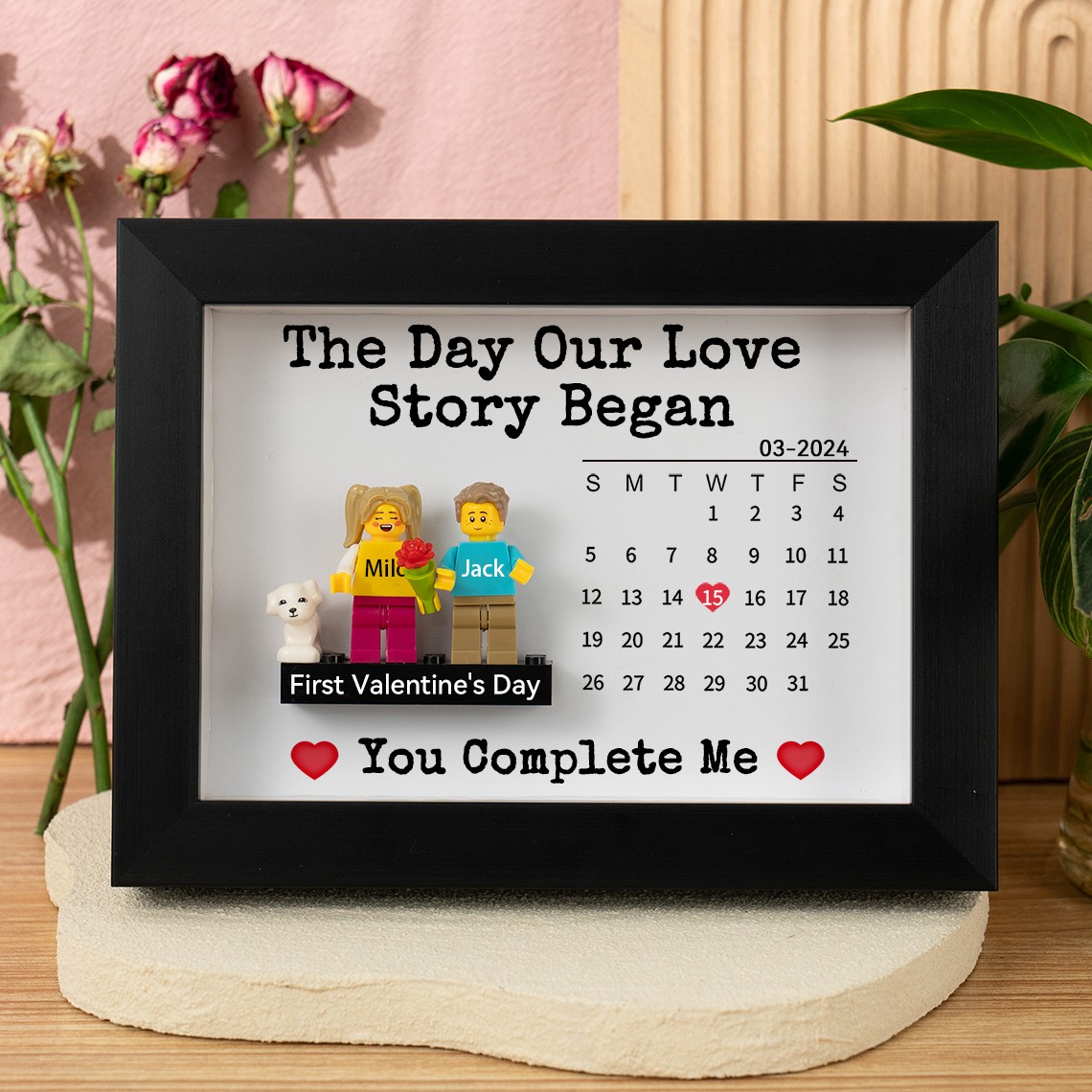 Cadre Calendrier « Le Jour Où Notre Histoire d’Amour a Commencé » Figurines Miniatures de Couple Sur Mesure Cadeau pour la Saint-Valentin