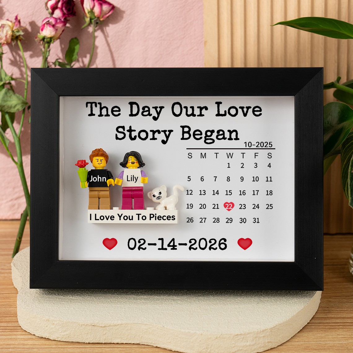 Cadre Calendrier "Le Jour Où Notre Histoire d'Amour a Commencé" Figurines Miniatures de Couple Sur Mesure Cadeau pour la Saint-Valentin