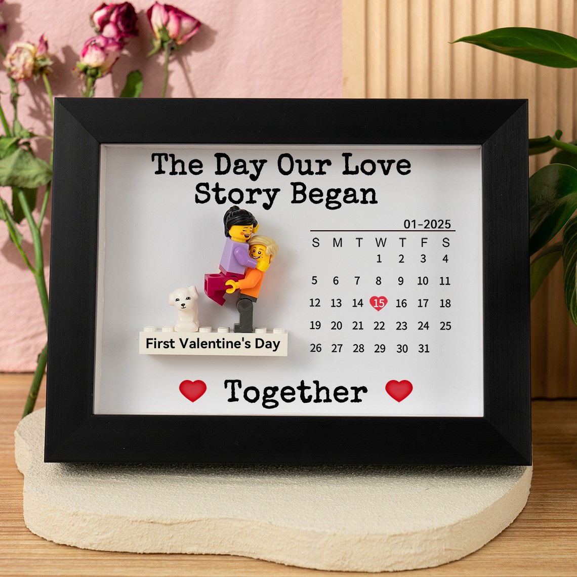 Cadre Calendrier "Le Jour Où Notre Histoire d'Amour a Commencé" Figurines Miniatures de Couple Sur Mesure Cadeau pour la Saint-Valentin
