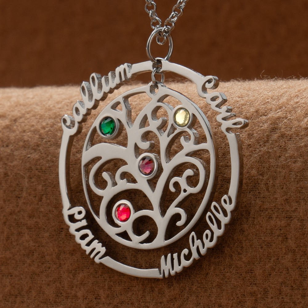 Collier arbre généalogique personnalisé avec pierre de naissance avec noms, idées cadeaux pour la fête des mères