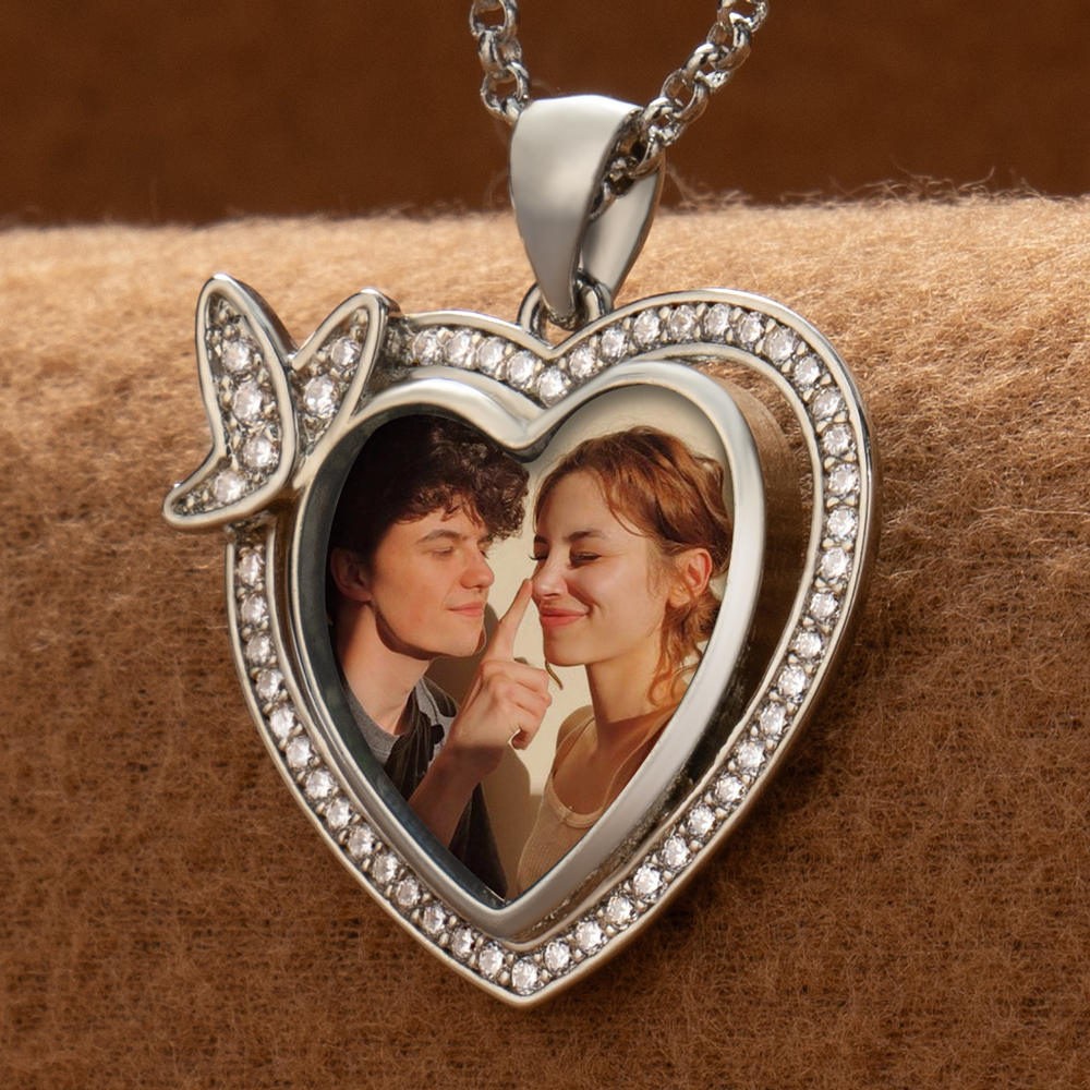 Collier photo personnalisé en forme de cœur avec papillon, cadeaux de Saint-Valentin
