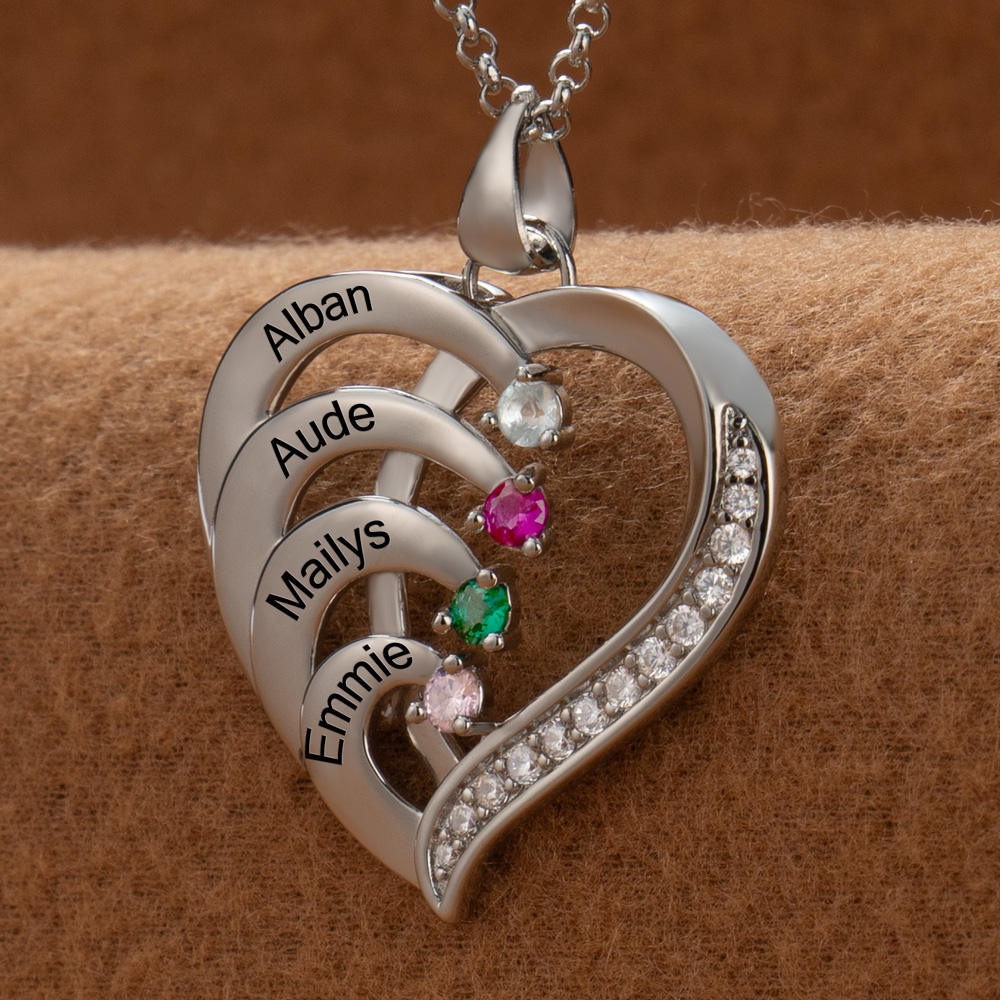 Collier personnalisé avec nom en forme de cœur de famille et pierres de naissance pour cadeau de fête des mères