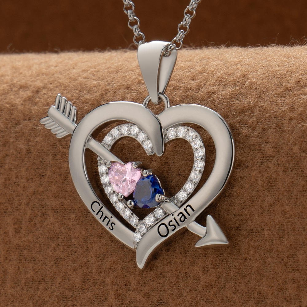 Collier en forme de cœur avec prénoms de couple personnalisés et pierres de naissance, cadeaux de Saint-Valentin
