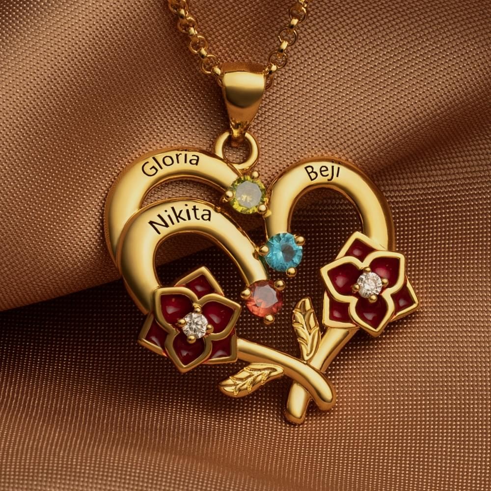Collier personnalisé avec nom et cœur en forme de fleur, avec pierre de naissance, cadeau de fête des mères