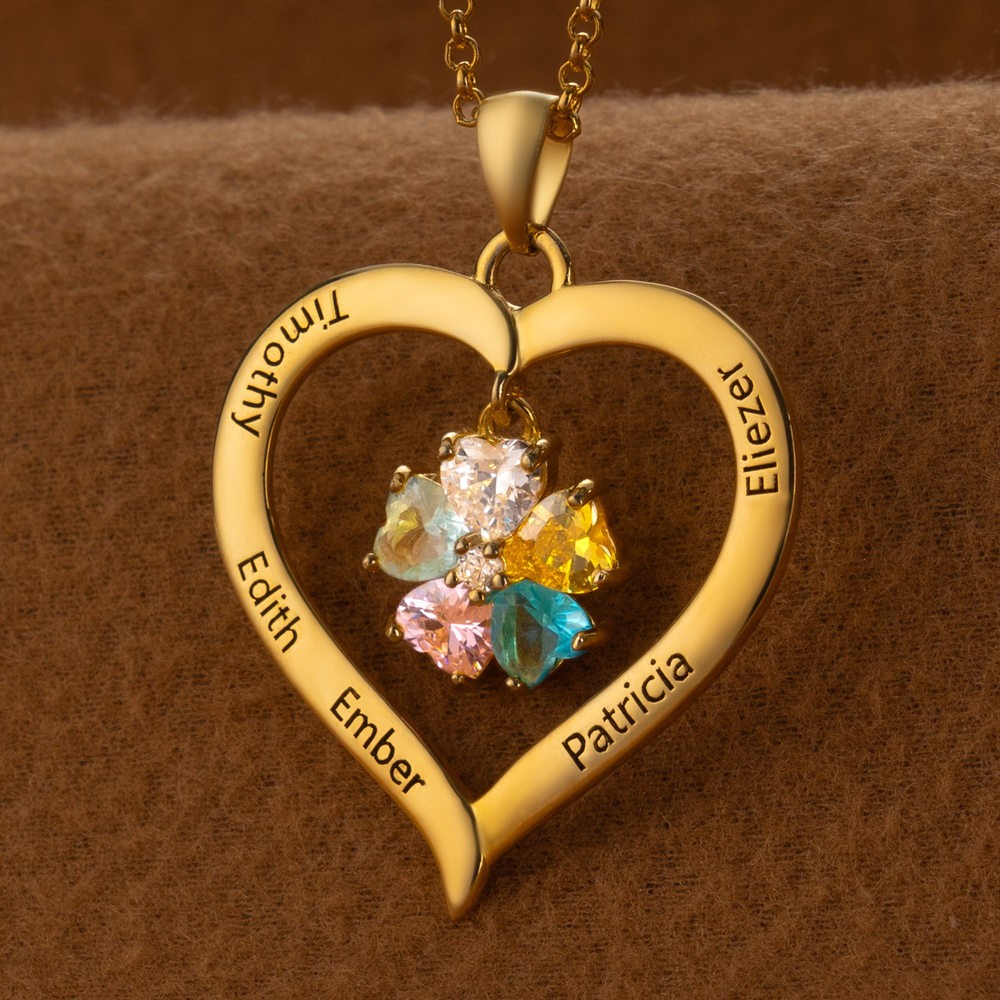 Collier personnalisé avec nom en forme de cœur de famille et pierres de naissance pour cadeau de fête des mères