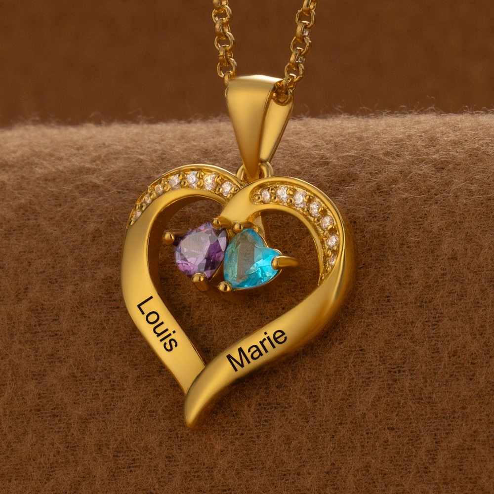 Collier personnalisé avec prénoms couple et pierres de naissance, cadeaux de Saint-Valentin