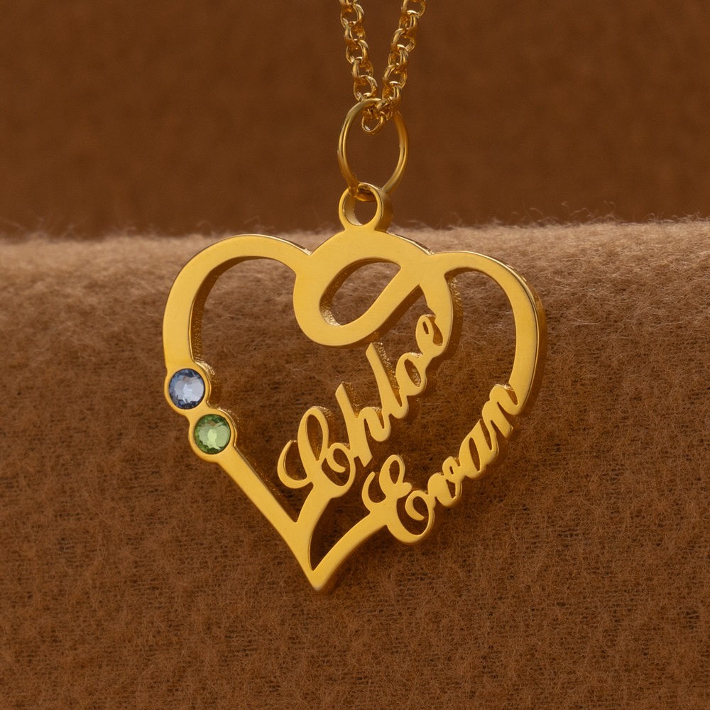 Collier personnalisé avec nom de couple en forme de cœur avec pierres de naissance Cadeaux de Saint-Valentin