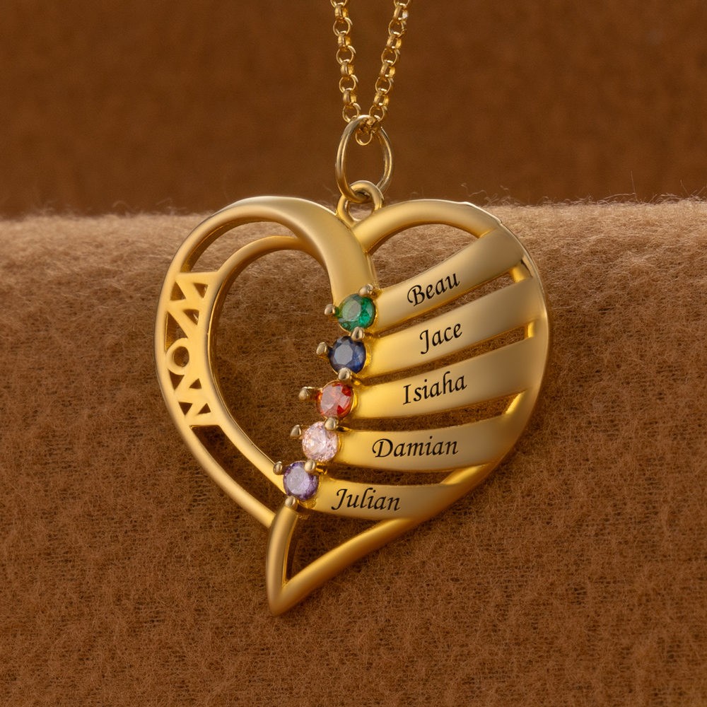 Collier maman coeur personnalisé avec noms d'enfants et pierre de naissance pour la fête des mères