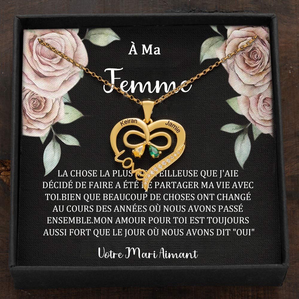 Collier personnalisé avec nom d'amour et nœud papillon avec pierres de naissance pour couple