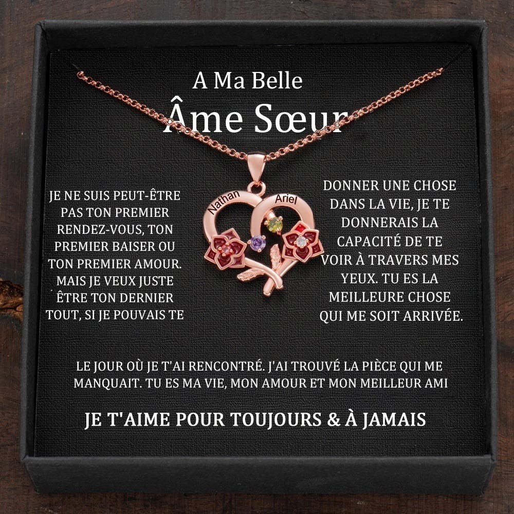 Collier personnalisé avec nom en forme de cœur et fleur et pierres de naissance pour cadeau de couple