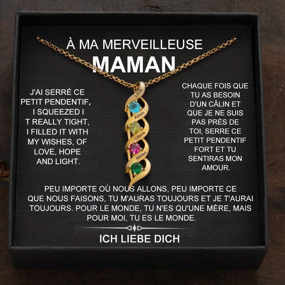 Collier familial ADN personnalisé avec noms et pierres de naissance pour maman