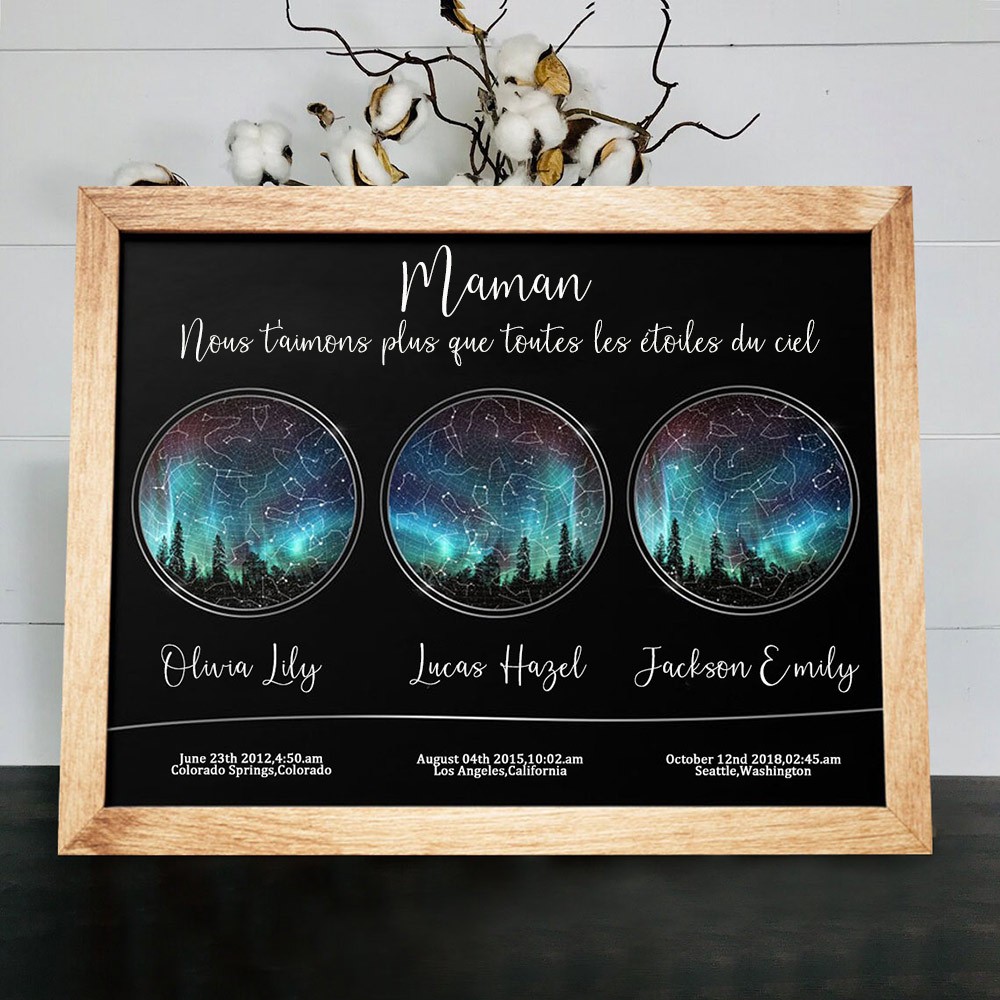 Carte des étoiles personnalisée par date ciel nocturne constellation signe de bois pour maman cadeau de Noël