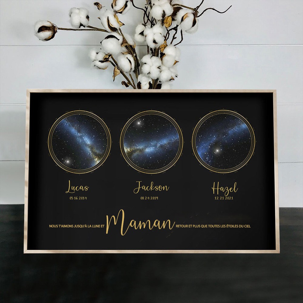 Carte des étoiles personnalisée par date ciel nocturne constellation signe de bois pour maman grand-mère