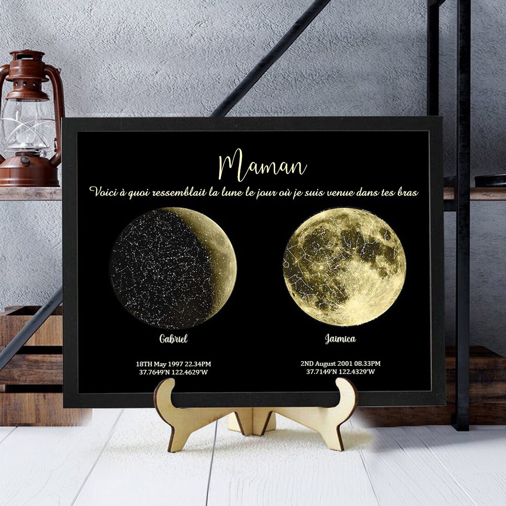 Cadre d'impression personnalisé de phases de lune de maman avec les noms des enfants pour les cadeaux de fête des mères