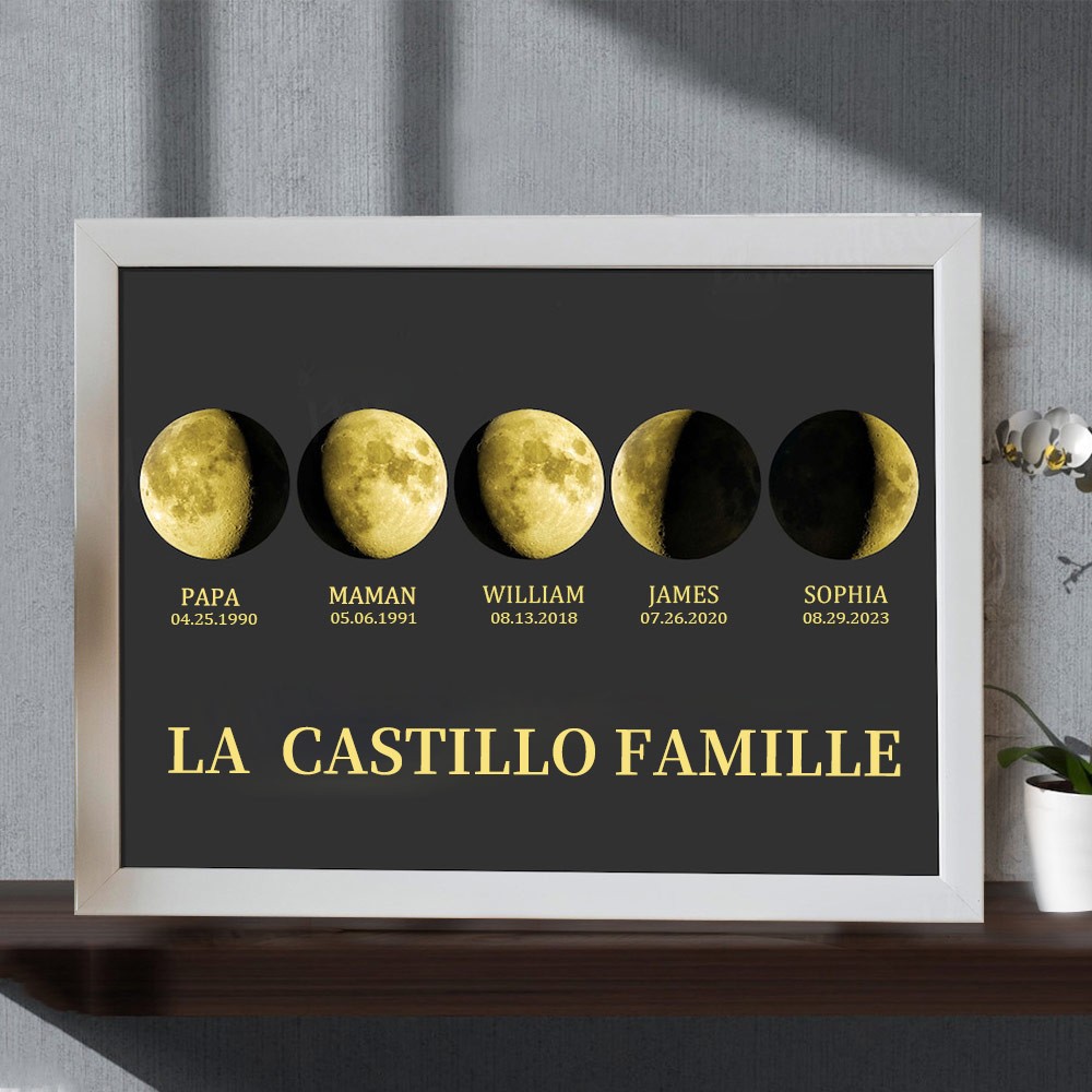 Cadre d'impression personnalisé de phases de lune de l'univers de la famille avec des dates pour les enfants pour des idées de cadeaux d'anniversaire
