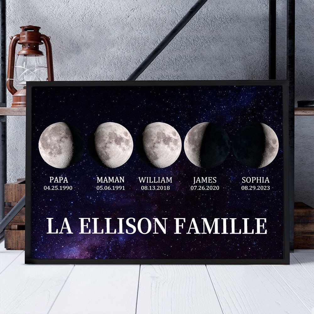 Cadre imprimé personnalisé de phase de lune avec des noms d'enfants Idées cadeaux uniques pour la famille de Noël