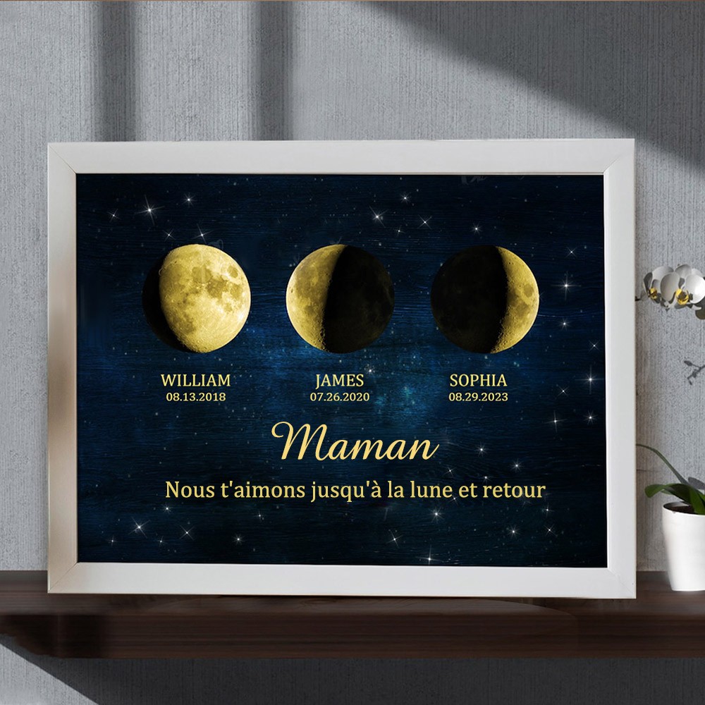 Cadre de phase de lune personnalisé avec des noms d'enfants pour maman grand-mère cadeau de Noël Je t'aime à la lune et retour