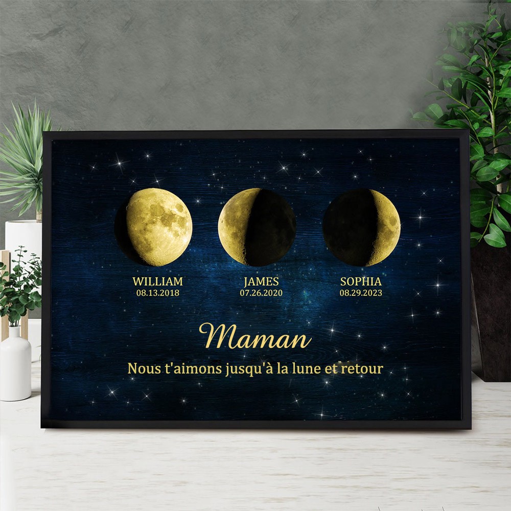 Cadre d'impression personnalisé des phases de la lune de la galaxie de maman avec les noms et les dates des enfants pour les cadeaux de fête des mères