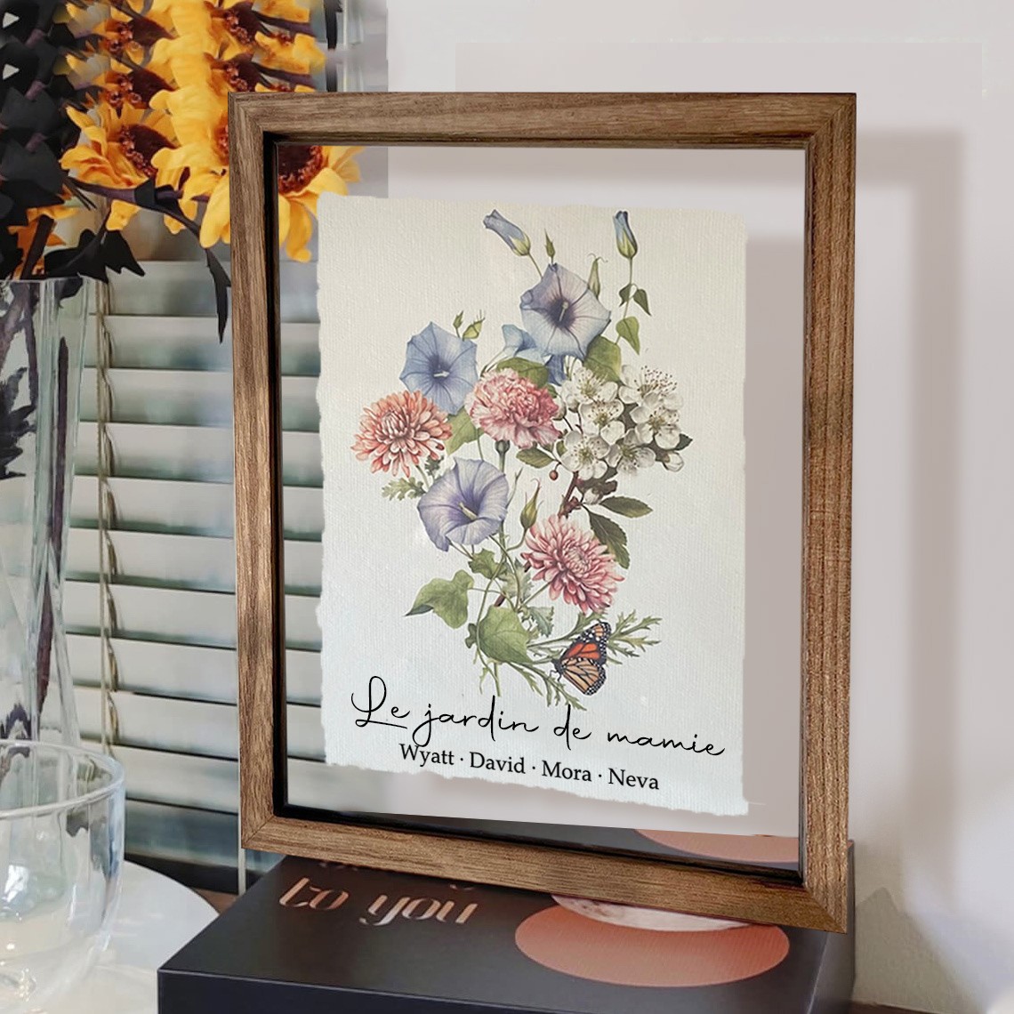Cadre personnalisé de bouquet de famille de fleur de naissance de jardin de grand-mère