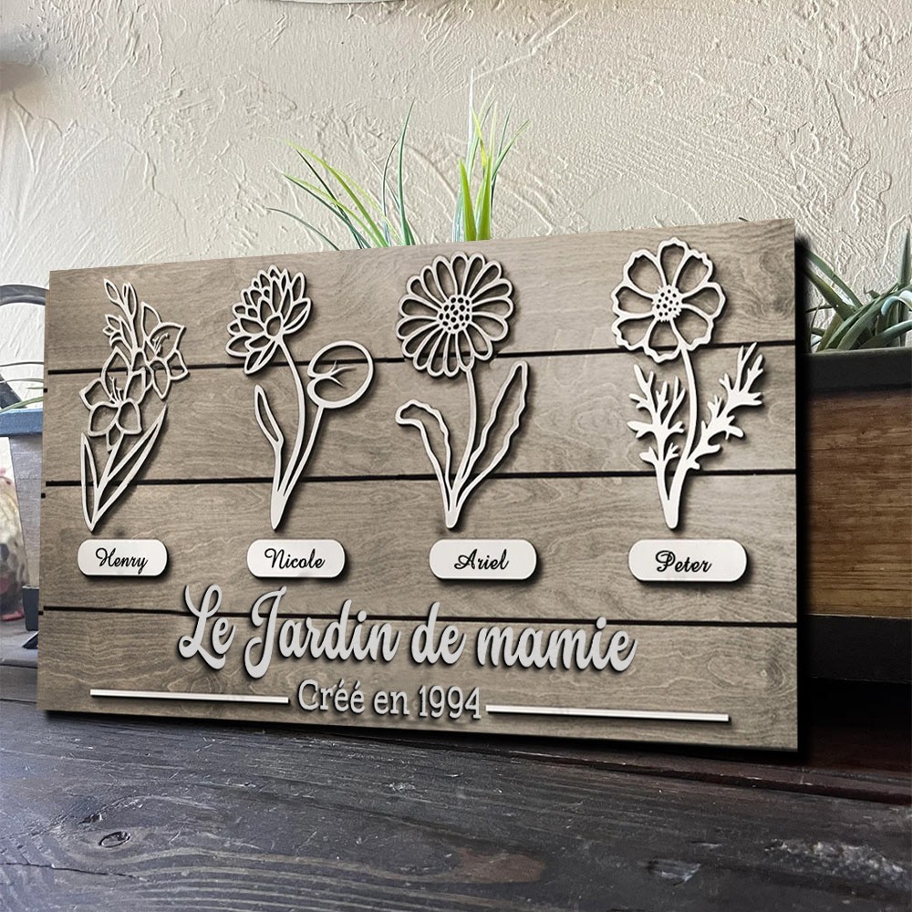 Jardin personnalisé de grand-mère naissance fleur bois signe maison Art déco pour grand-mère maman