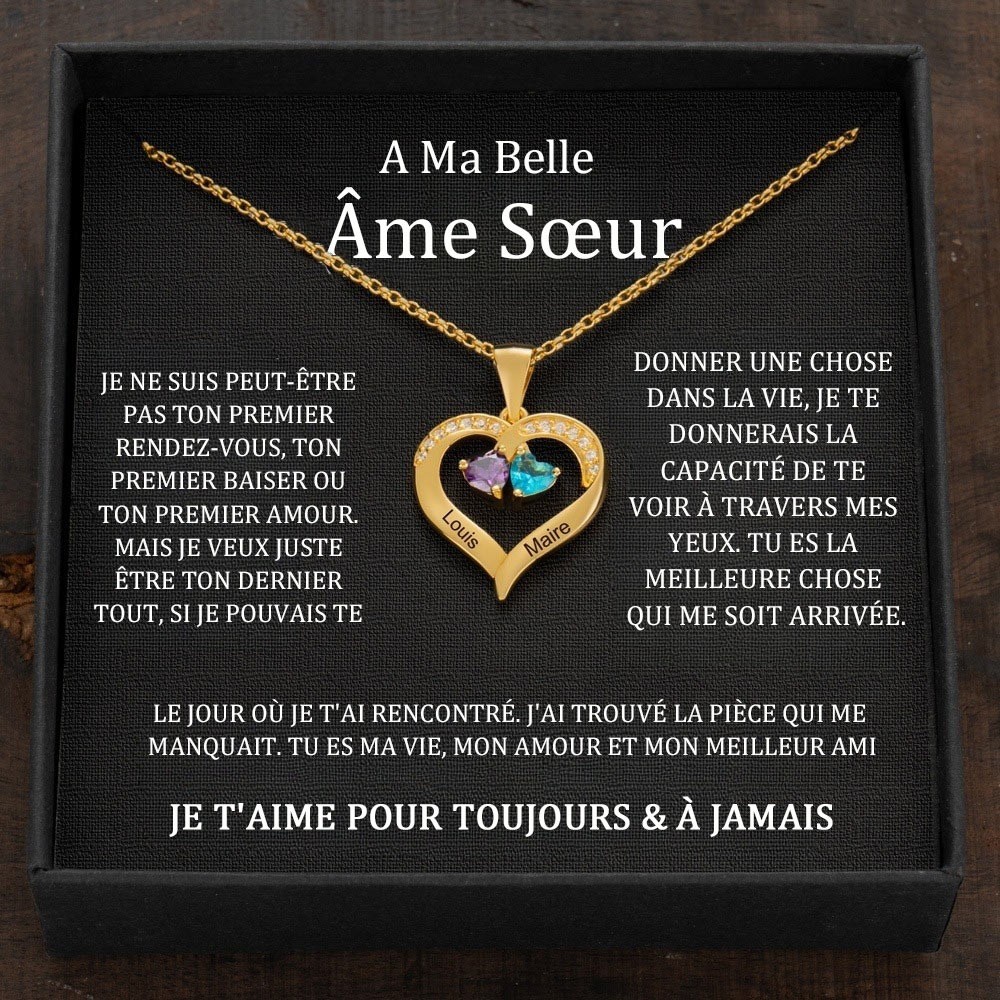 Collier en cœur avec noms de couple personnalisés et pierres de naissance, cadeaux de Saint-Valentin