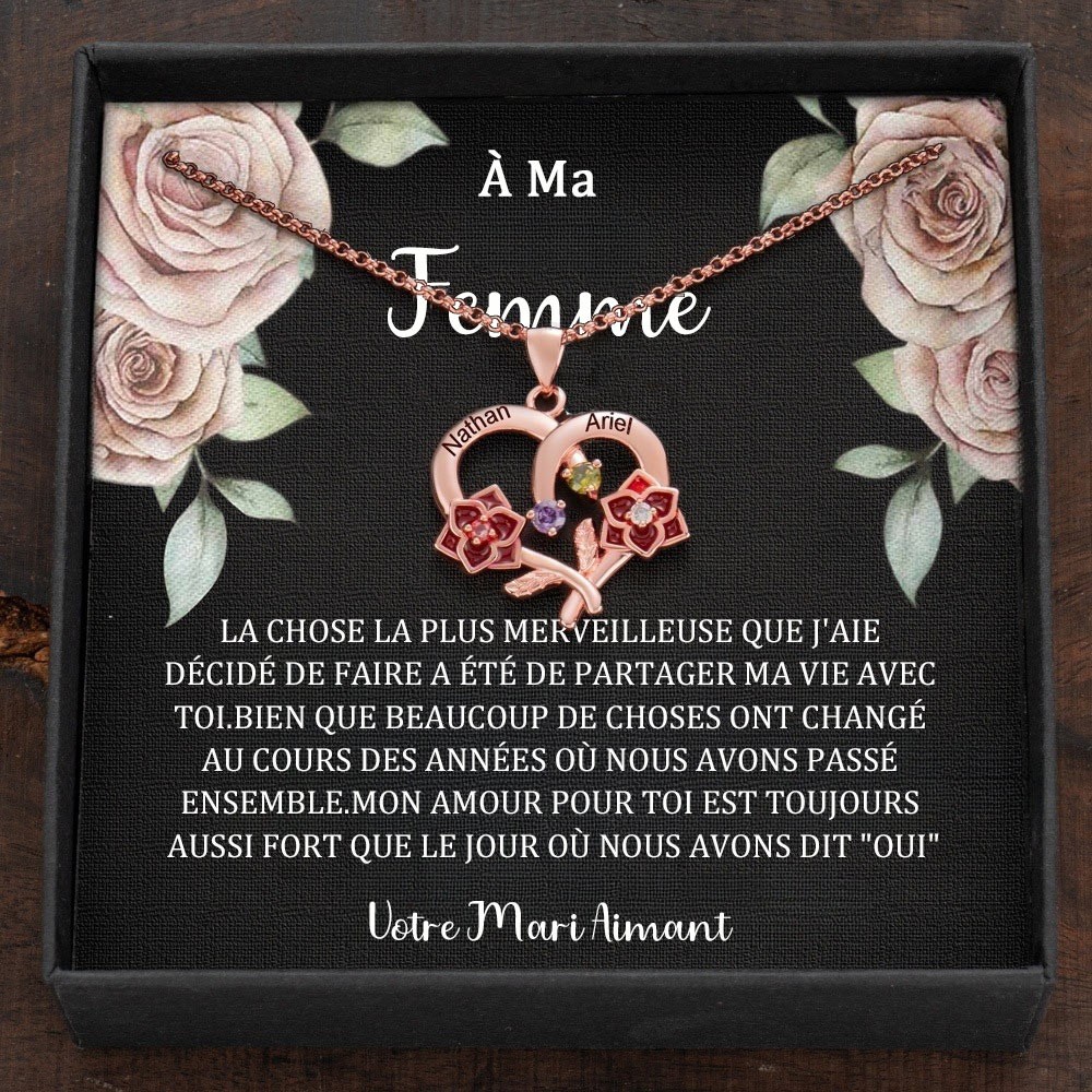 Collier en cœur avec noms de couple personnalisés et pierres de naissance, cadeaux de Saint-Valentin
