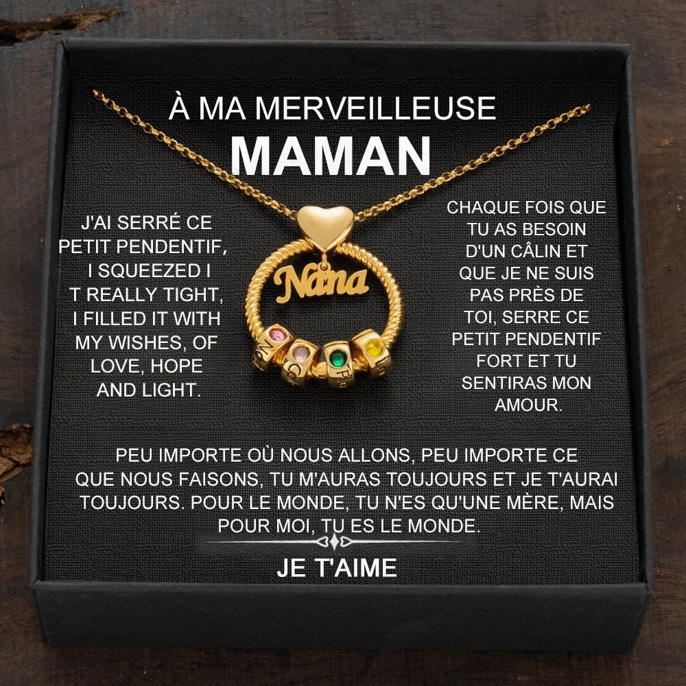 Collier pendentif cercle personnalisé avec perles de nom pour des idées de cadeaux pour la fête des mères