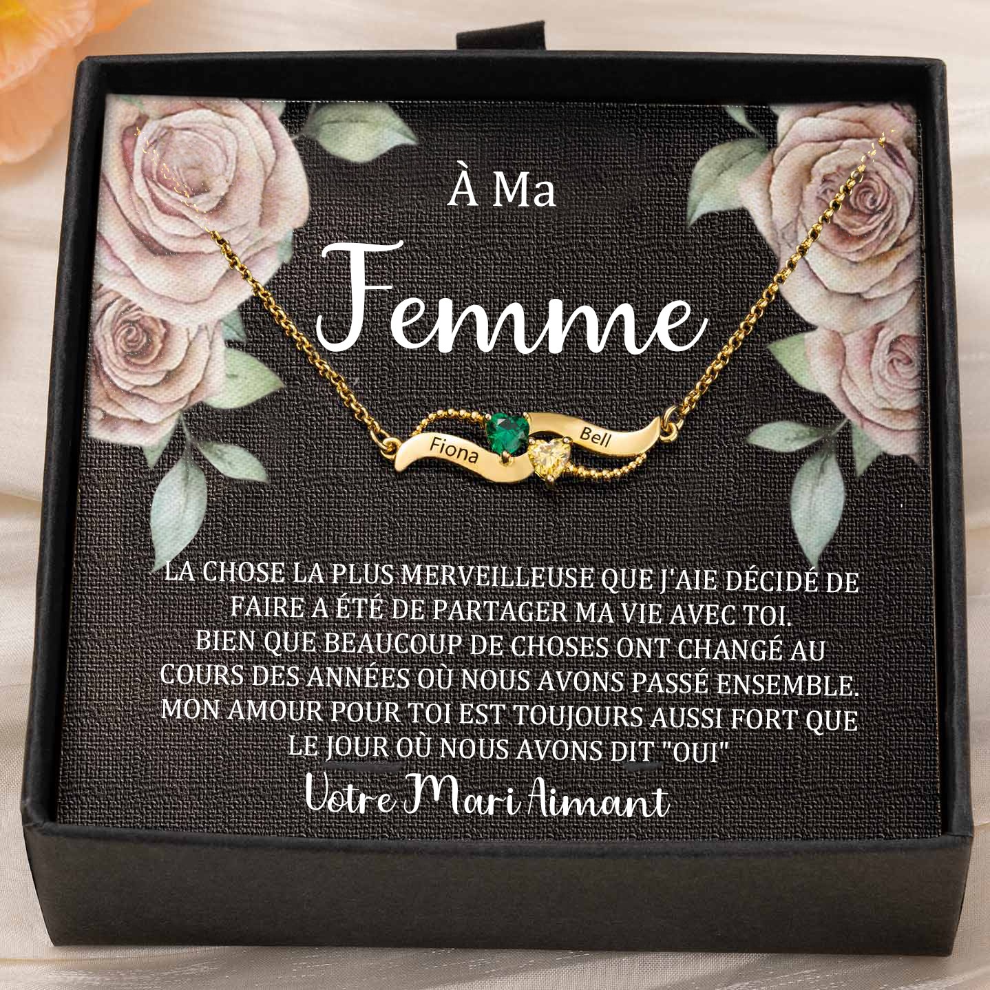 Collier personnalisé avec noms de couple en forme de cœur et pierres de naissance, cadeaux de Saint-Valentin