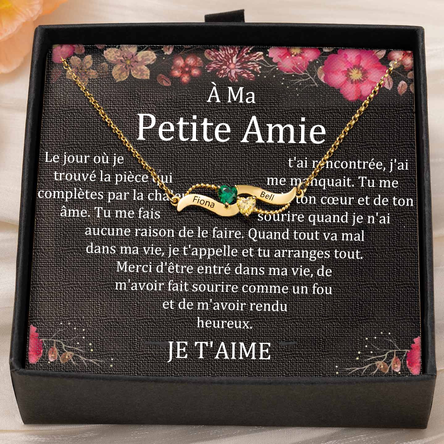 Collier personnalisé avec noms de couple en forme de cœur et pierres de naissance, cadeaux de Saint-Valentin